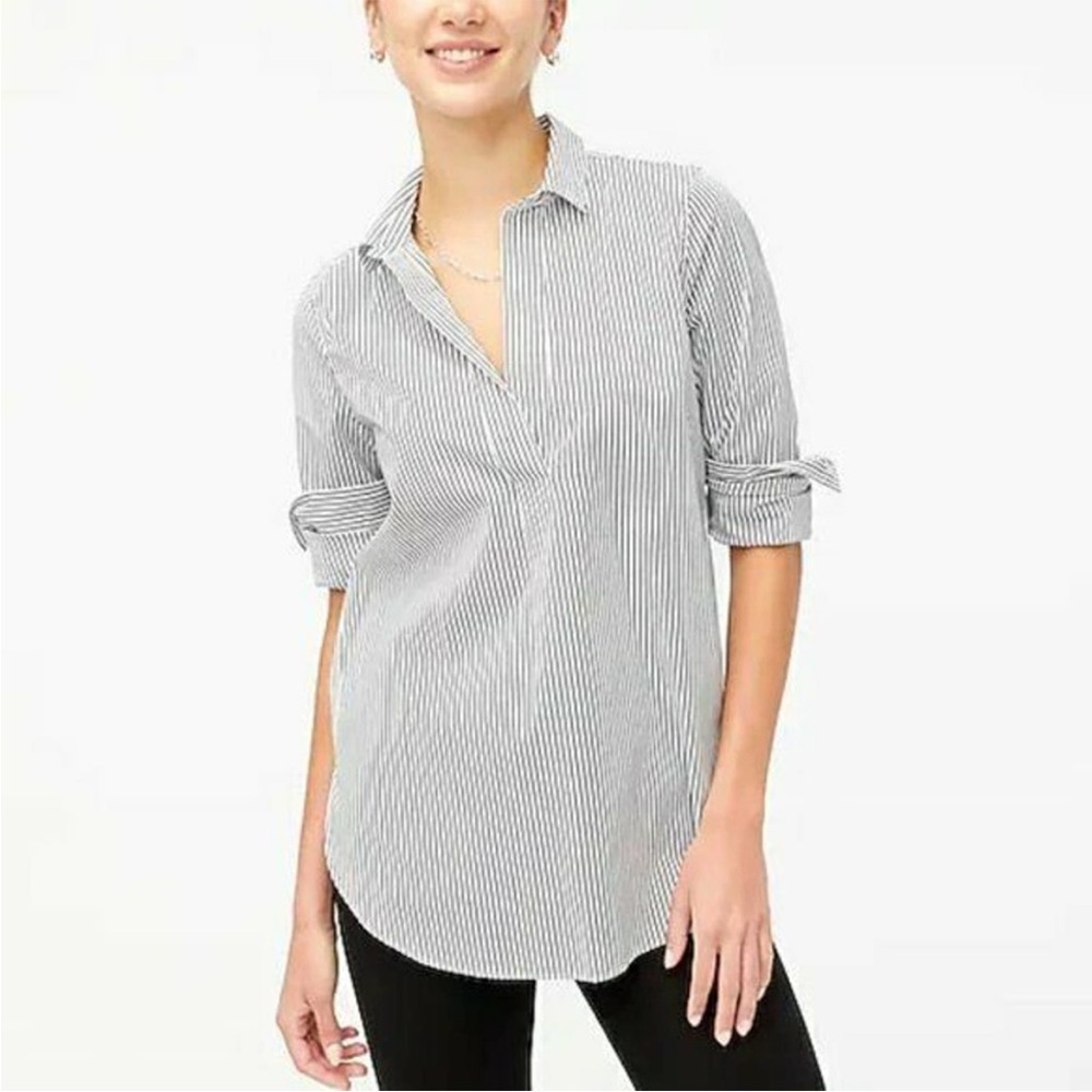 J. Crew Linen Blend Black and White Striped Popover‎ Shirt Size Medium